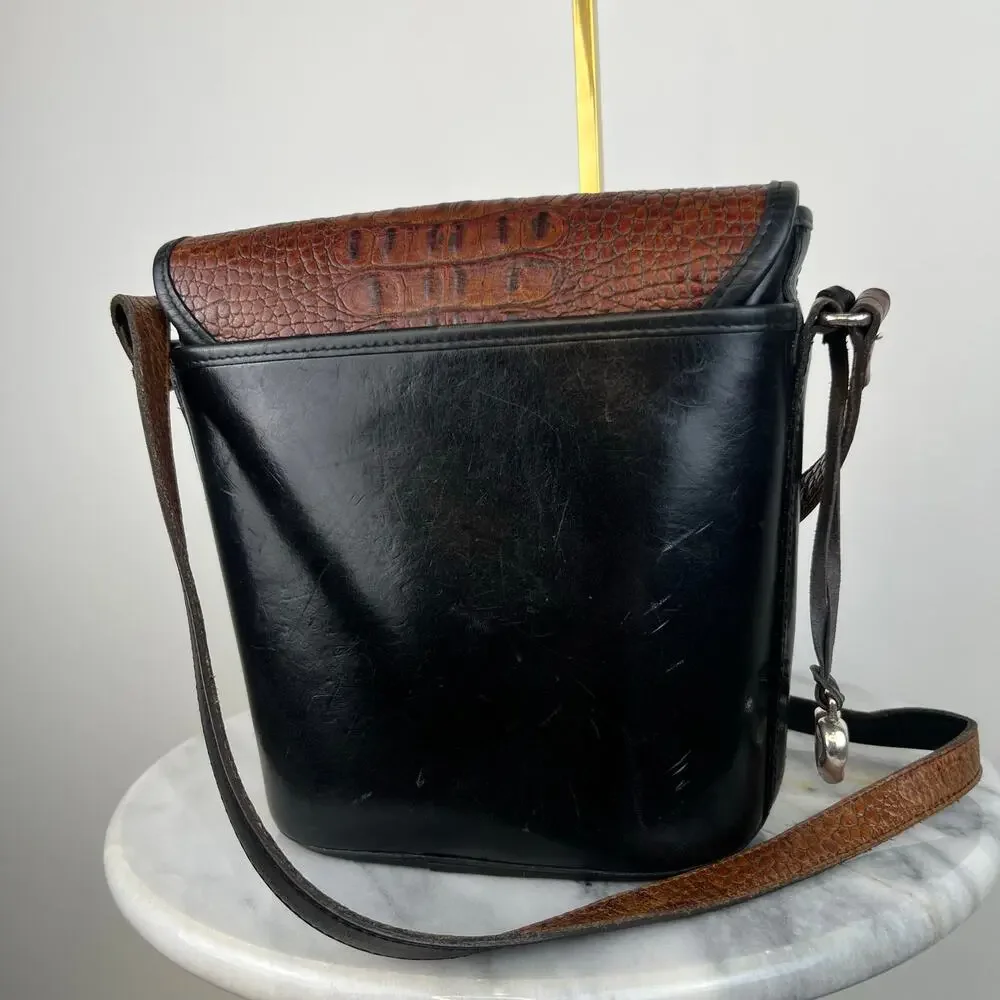 Vintage Brighton Black Leather Croc Embossed Buckle Crossbody Purse Bucket Bag
